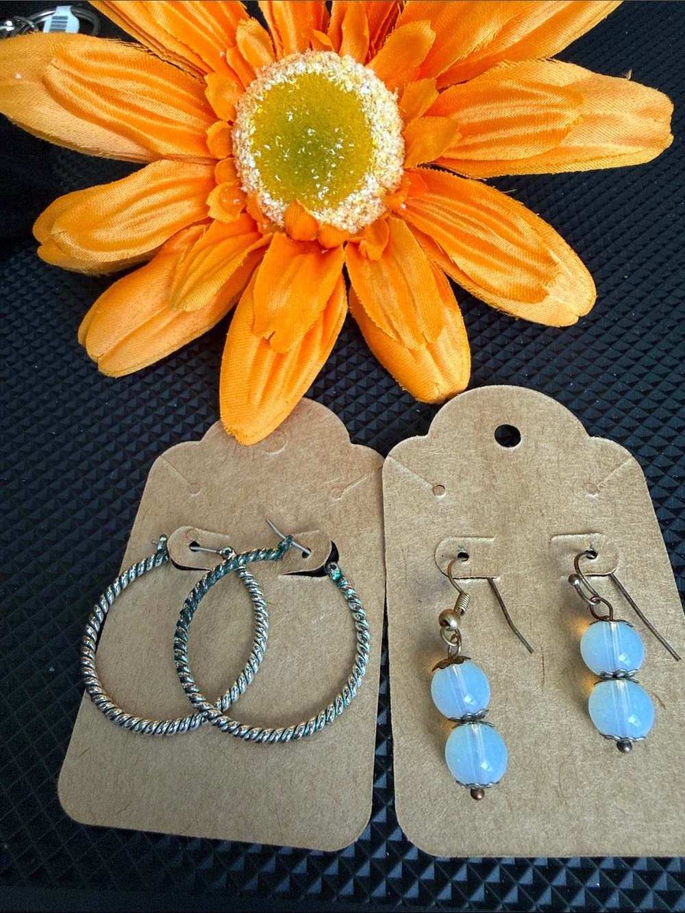 2 Pair Earrings Silver Tone Hoops and Opalescent Drop Earrings Set
